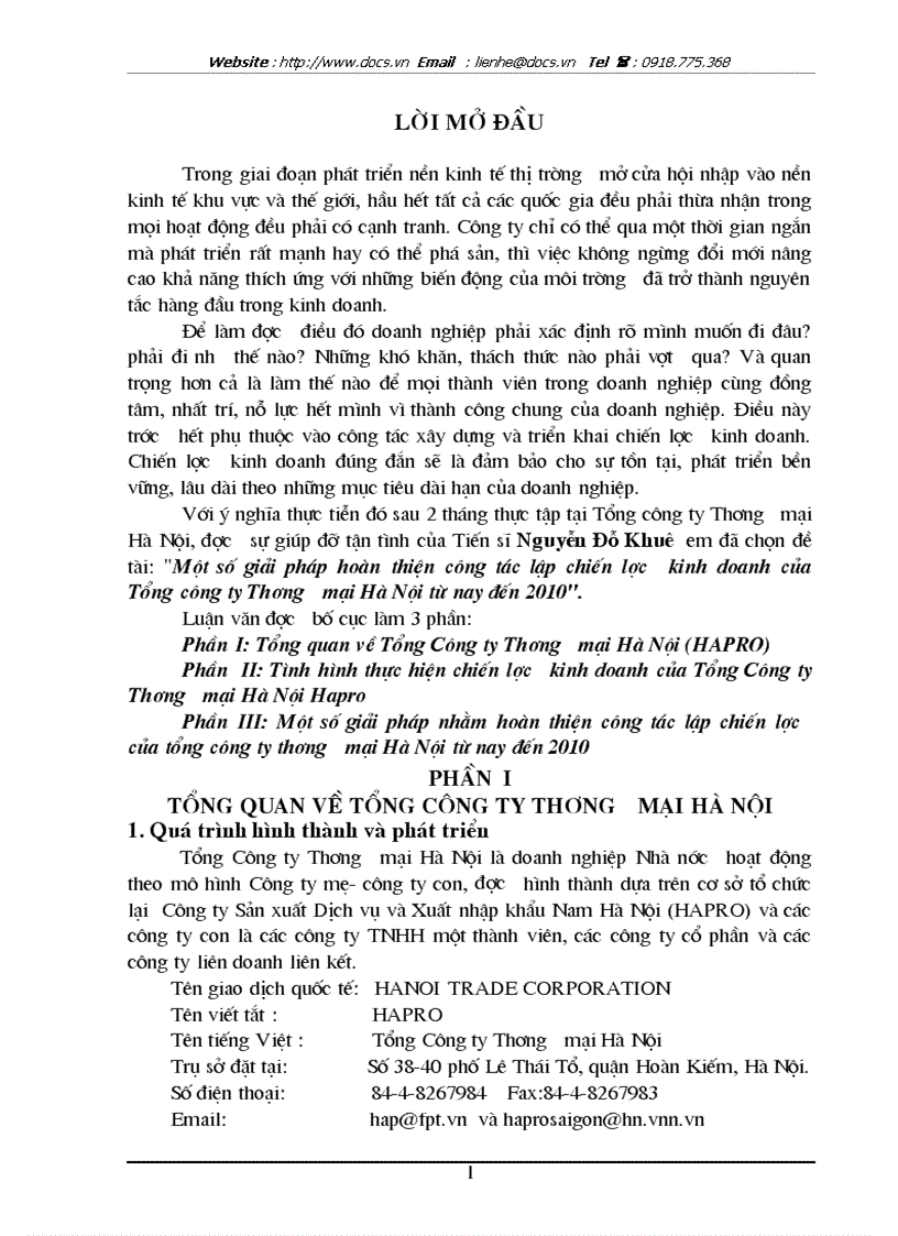 Một số giải pháp hoàn thiện công tác lập chiến lược kinh doanh của Tổng công ty Thương mại Hà Nội từ nay đến 2010