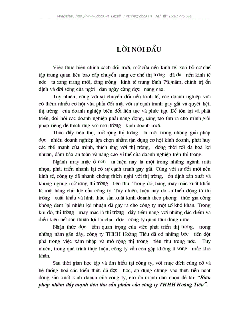Biện pháp nhằm đẩy mạnh tiêu thụ sản phẩm của công ty THHH Hoàng Tiêu