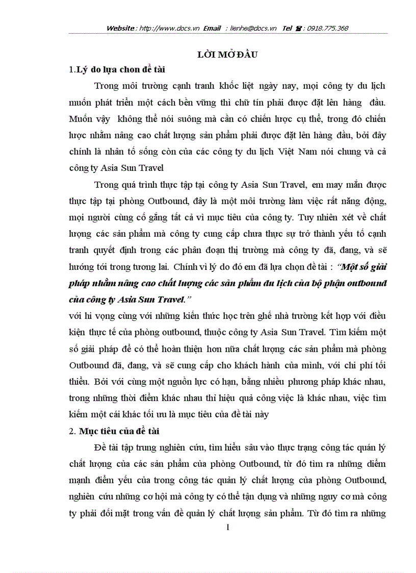 Một số giải pháp nhằm nâng cao chất lượng các sản phẩm du lịch của bộ phận outbound của công ty Asia Sun Travel