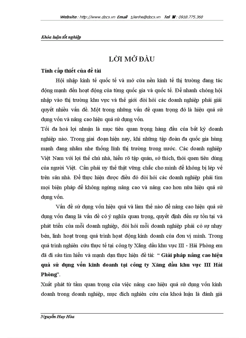 Các giải pháp nhằm nâng cao hiệu quả sử dụng vốn kinh doanh của công ty xăng dầu khu vực iii hải phòng