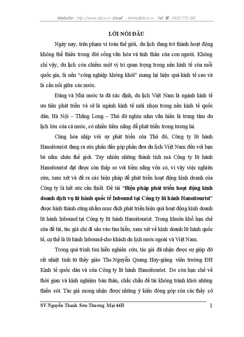 Biện pháp phát triển hoạt động kinh doanh dịch vụ lữ hành quốc tế Inbound tại Công ty lữ hành Hanoitourist