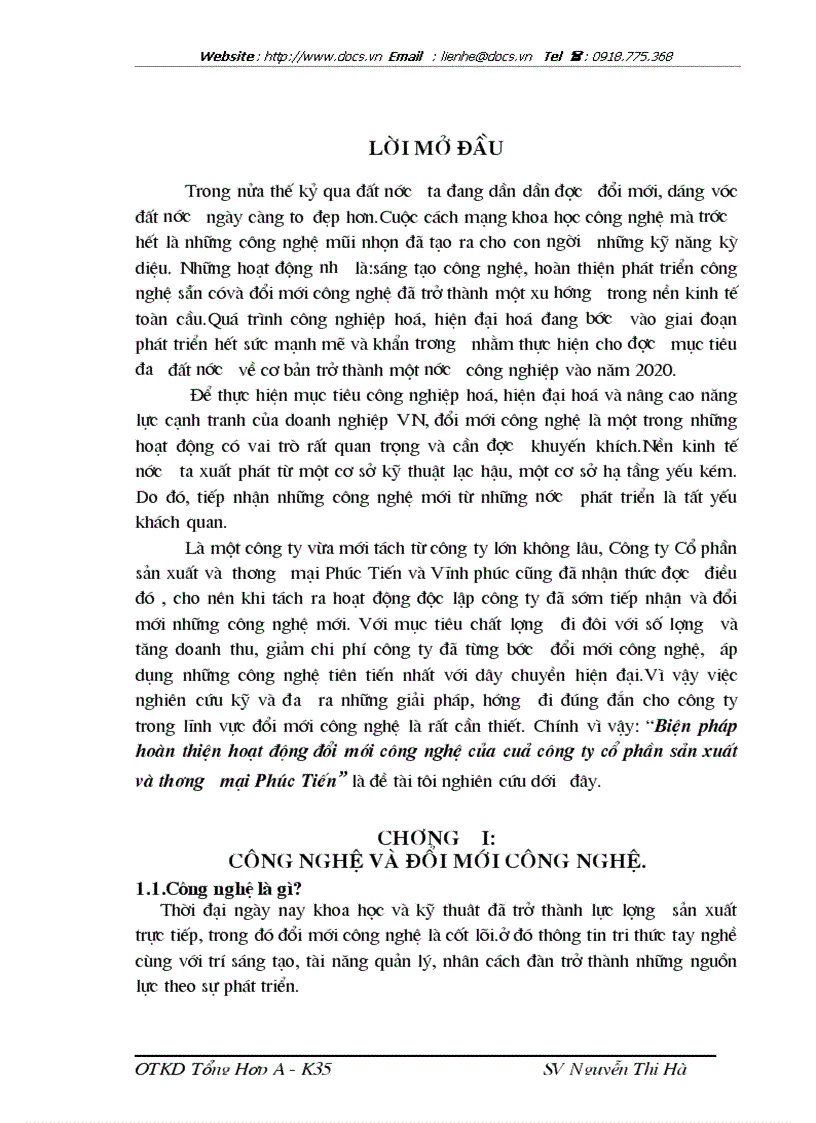 Biện pháp hoàn thiện hoạt động đổi mới công nghệ của cuả công ty cổ phần sản xuất và thương mại Phúc Tiến
