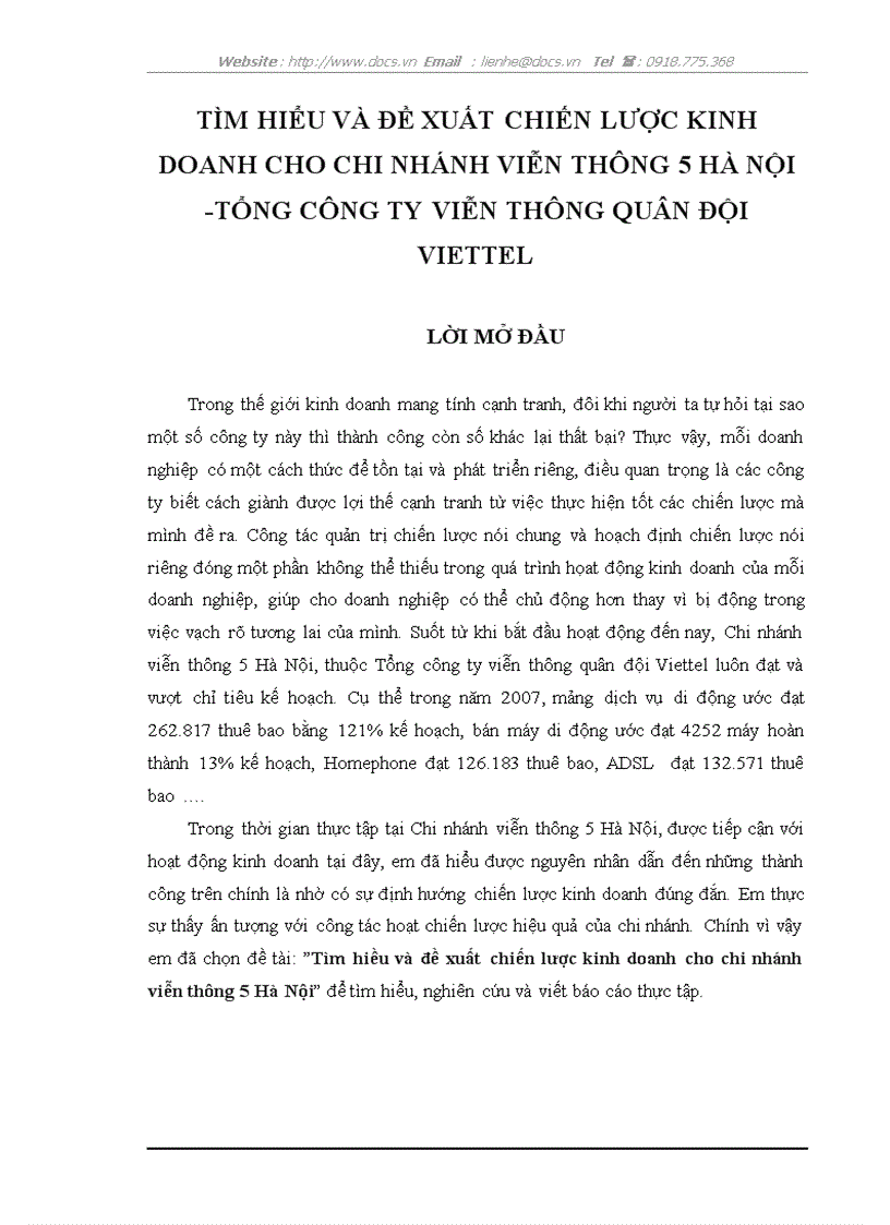 Tìm hiểu và đề xuất chiến lược kinh doanh cho chi nhánh viễn thông 5 hà nội tổng công ty viễn thông quân đội viettel