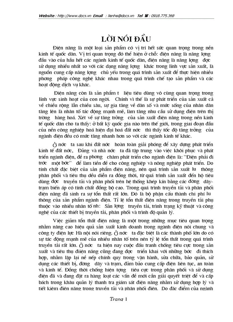 1số biện pháp chủ yếu nhằm giảm tổn thất điện năng trong quản lý truyền tải và phân phối điện năng của Công ty Điện lực Hà nội