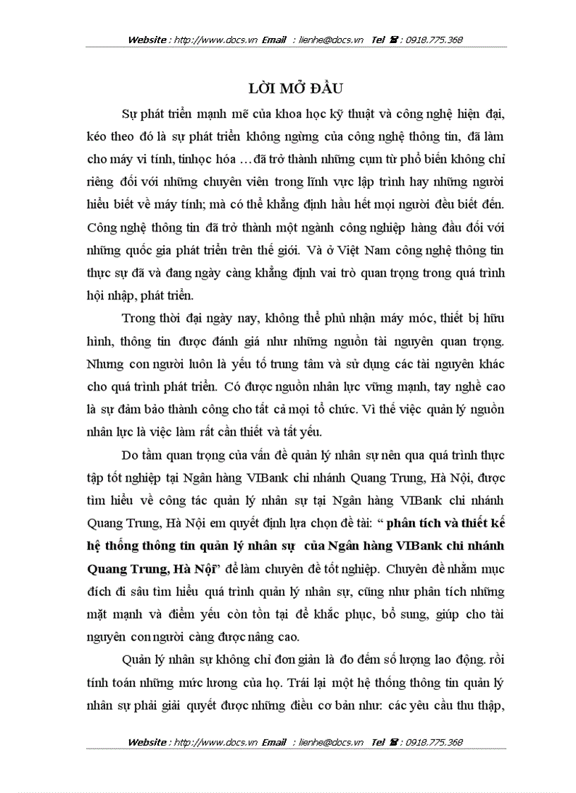 Phân tích và thiết kế hệ thống thông tin quản lý nhân sự của Ngân hàng VIBank chi nhánh Quang Trung Hà Nội