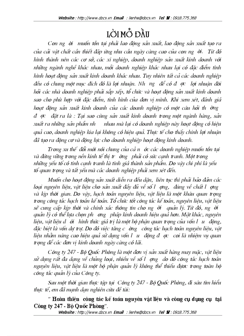 Hoàn thiện công tác kế toán nguyên vật liệu và công cụ dụng cụ tại Công ty 247 Bộ Quốc Phòng
