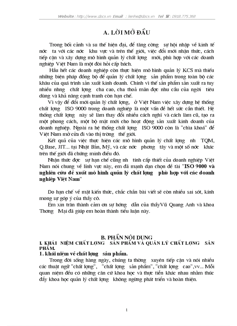 ISO 9000 và nghiên cứu đề xuất mô hình quản lý chất lượng phù hợp với các doanh nghiệp Việt Nam