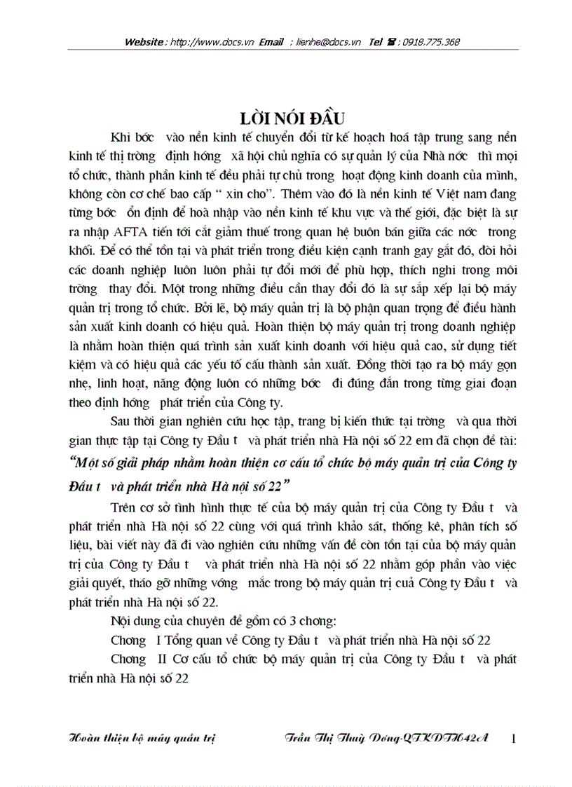 1số giải pháp nhằm hoàn thiện cơ cấu tổ chức bộ máy quản trị của Công ty Đầu tư và phát triển nhà Hà Nội số 22