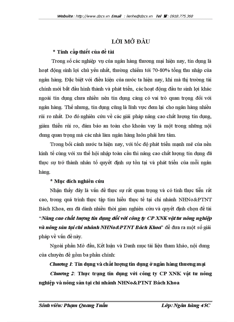 Nâng cao chất lượng tín dụng đối với công ty CP XNK vật tư nông nghiệp và nông sản tại chi nhánh NHNo PTNT Bách Khoa