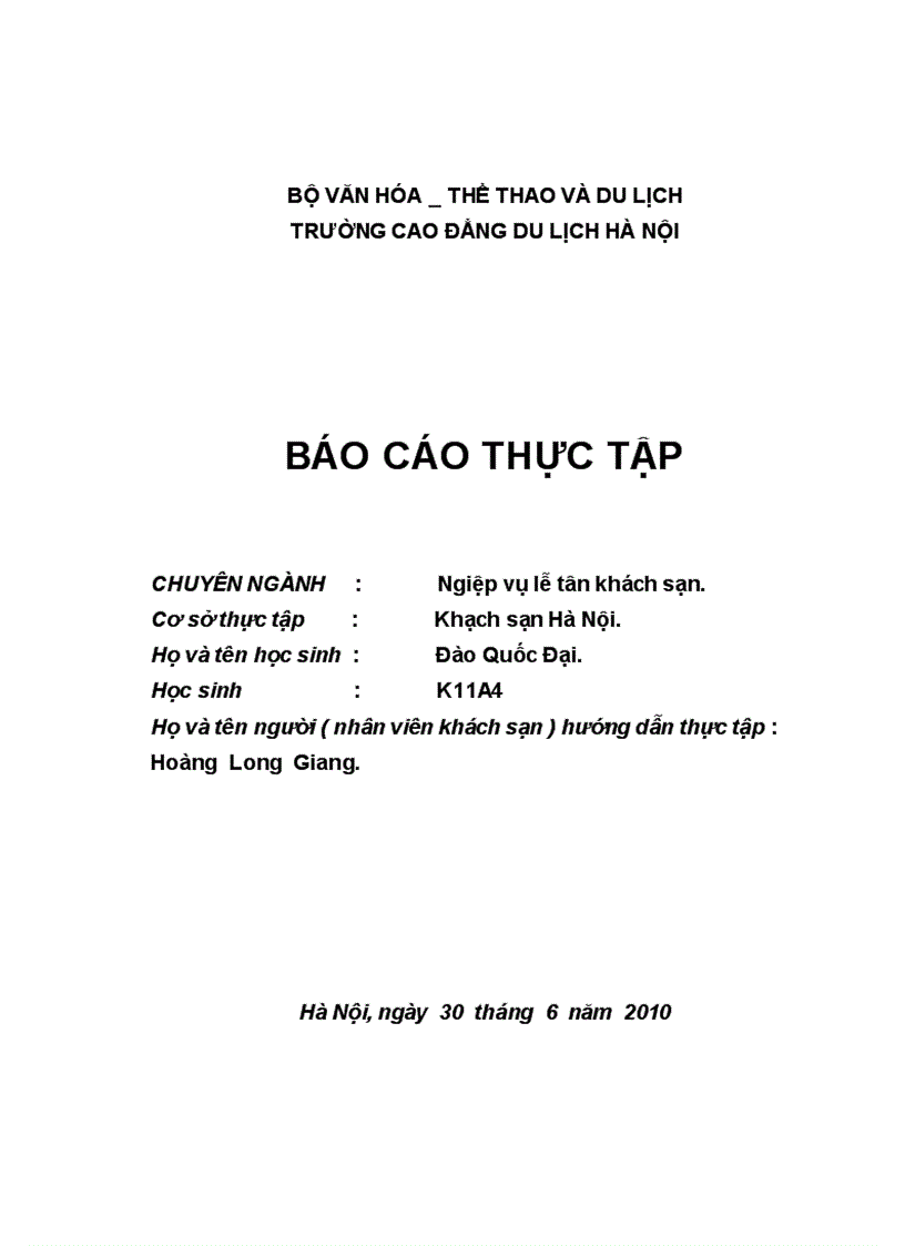 Báo cáo thực tập khách sạn Hà Nội