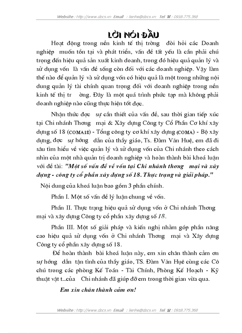 Một số vấn đề về vốn tại Chi nhánh thương mại và xây dựng công ty cổ phần xây dựng số 18 Thực trạng và giải pháp