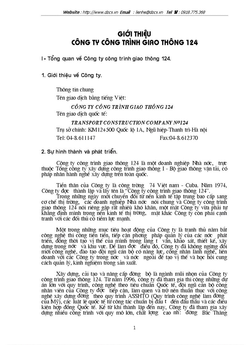 Báo cáo Tại Công ty công trình giao thông 124