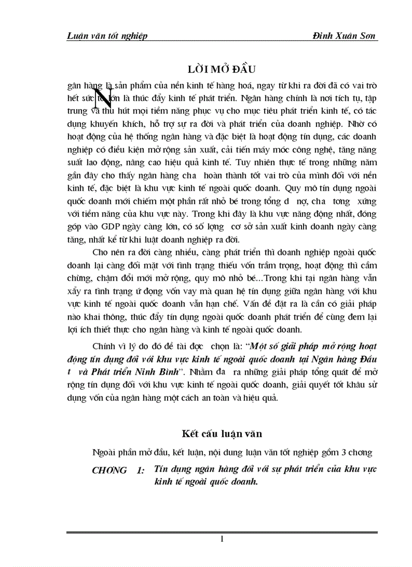 Một số giải pháp nhằm mở rộng hoạt động tín dụng Ngoài Quốc doanh tại Ngân hàng Đầu tư và Phát triển Ninh Bình