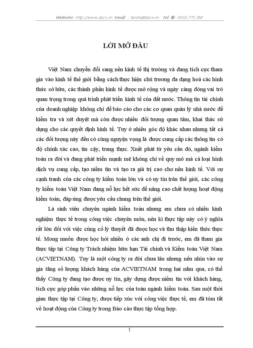 Báo cáo thực tập tổng hợp về Công ty TNHH Tài chính và Kiểm toán Việt Nam