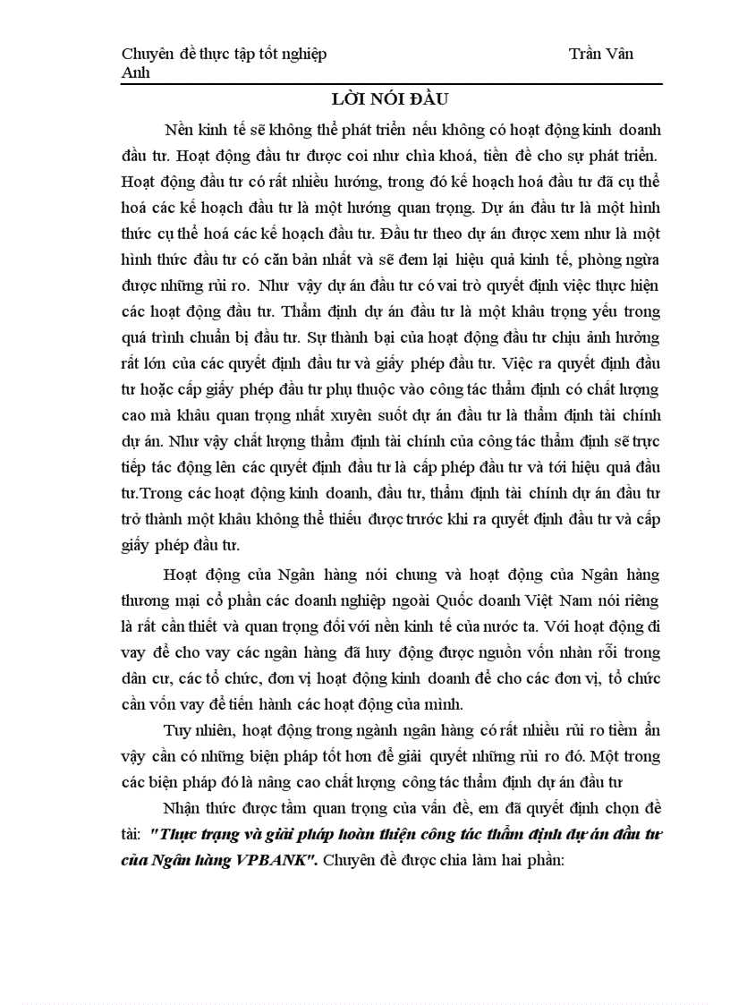 Thực trạng và giải pháp hoàn thiện công tác thẩm định dựán đầu tư của Ngân hàng VPBANK