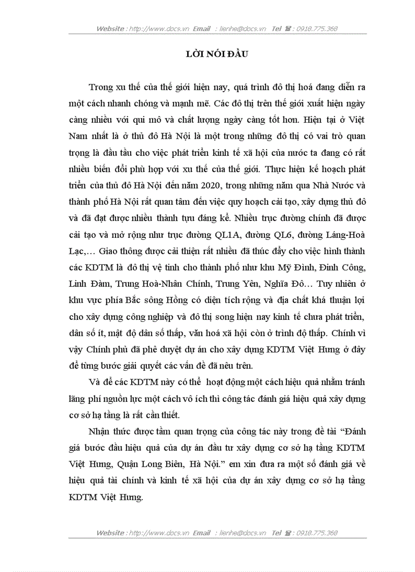Đánh giá bước đầu hiệu quả của dự án đầu tư xây dựng cơ sở hạ tầng KDTM Việt Hưng Quận Long Biên Hà Nội