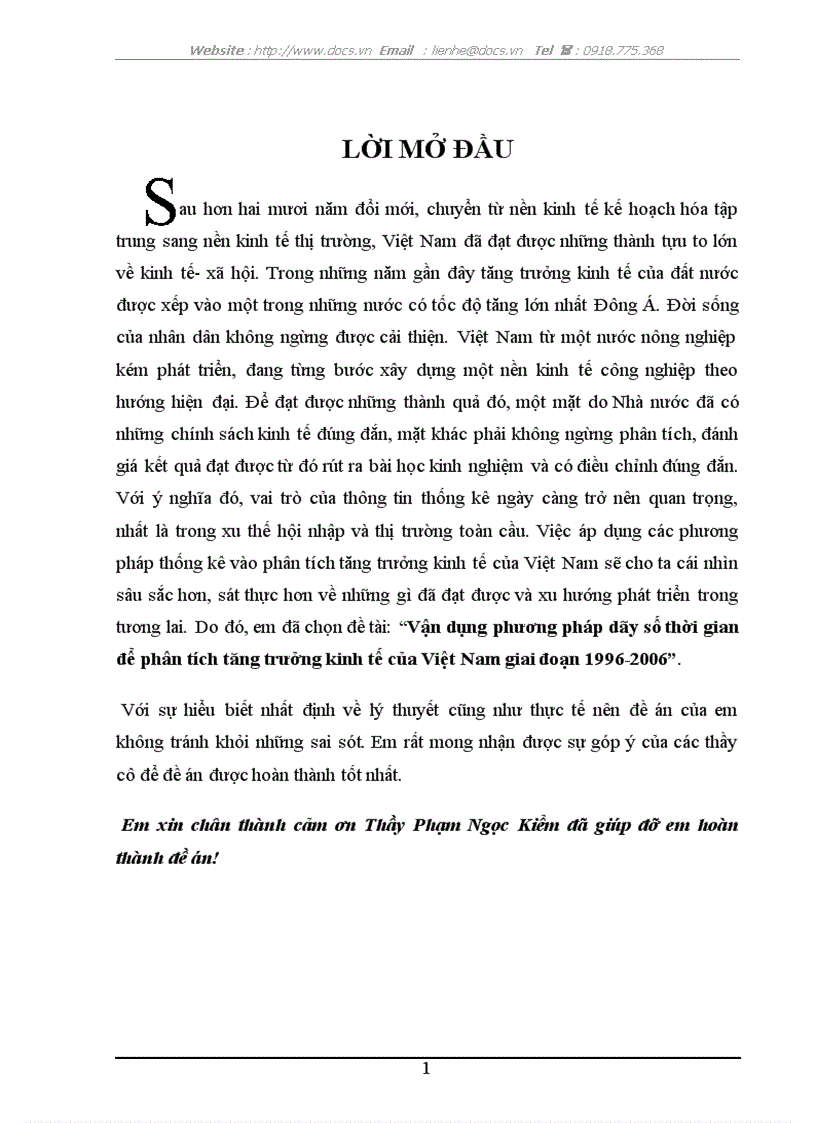 Vận dụng phương pháp dãy số thời gian để P tích tăng trưởng kinh tế của VN giai đoạn 1996 2006