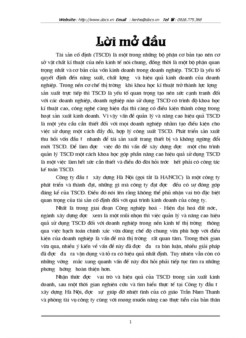 Hoàn thiện kế toán TSCĐ tại công ty đầu tư xây dựng Hà Nội