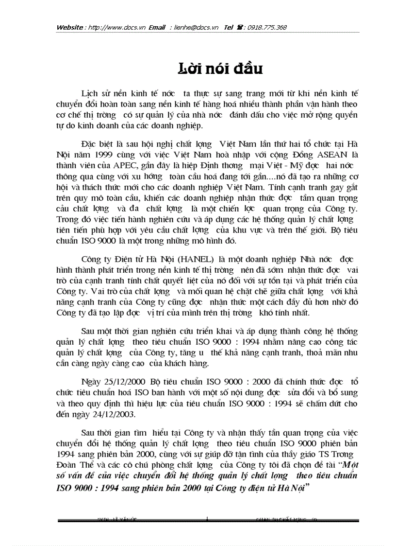 1số vấn đề của việc chuyển đổi hệ thống quản lý chất lượng theo tiêu chuẩn ISO 9000 1994 sang phiên bản 2000 tại Công ty Điện tử Hà Nội Hanel
