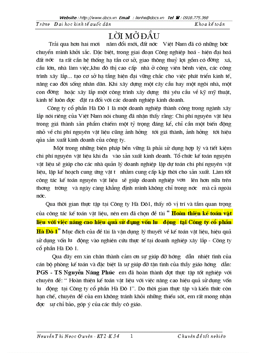 Hoàn thiện kế toán vật liệu với việc nâng cao hiệu quả sử dụng vốn lưu động tại Công ty cổ phần Hà Đô
