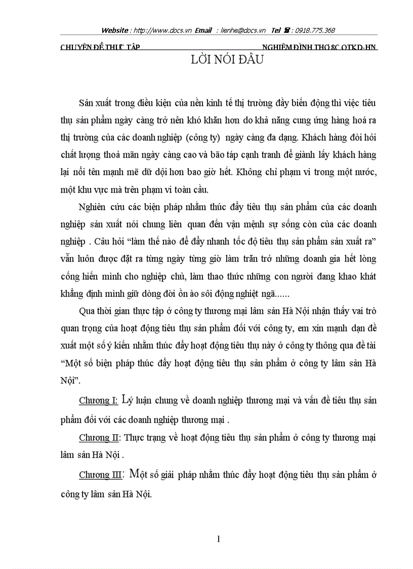 Một số giải pháp nhằm thúc đẩy hoạt động tiêu thụ sản phẩm ở công ty thương mại lâm sản hà nội