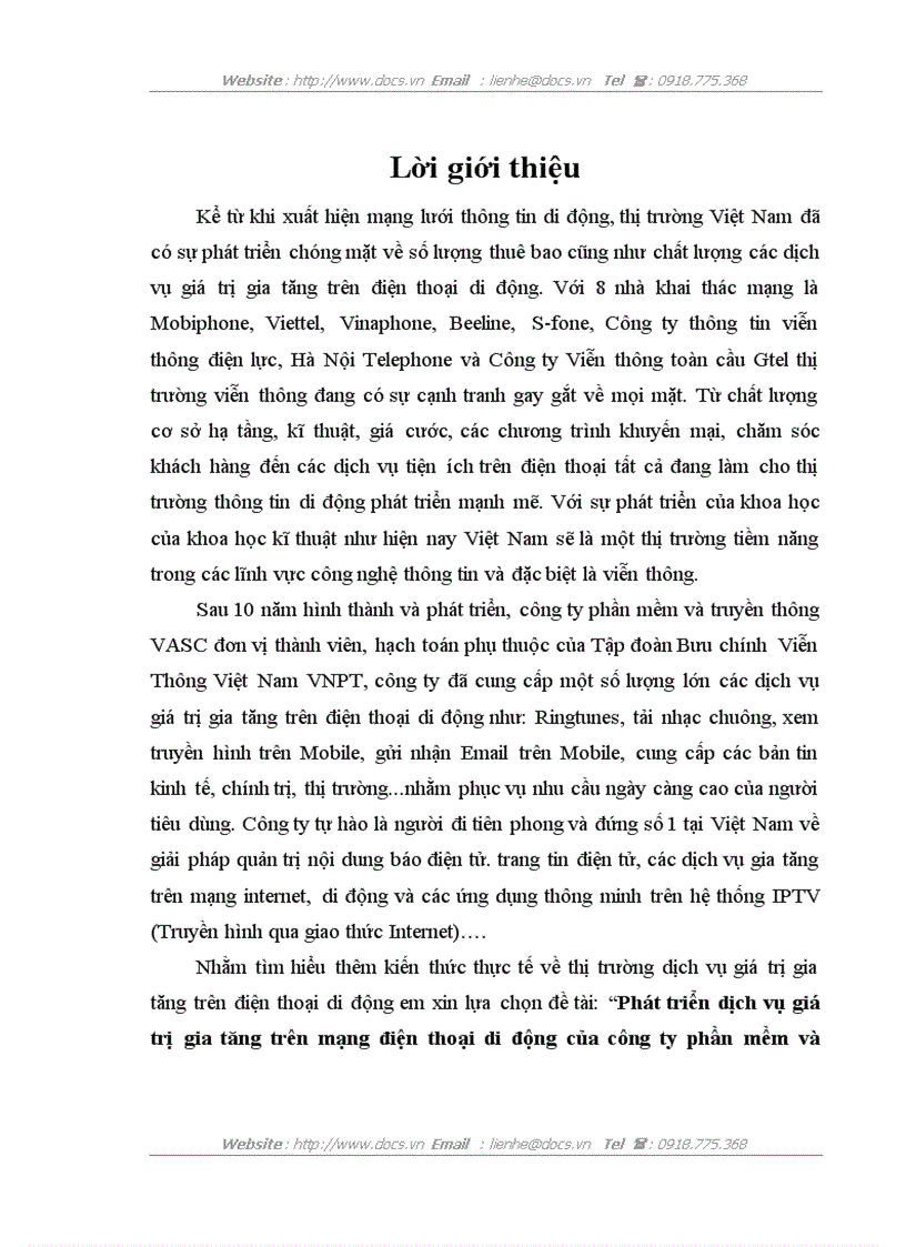 Phát triển dịch vụ giá trị gia tăng trên mạng điện thoại di động của công ty phần mềm và truyền thông VASC