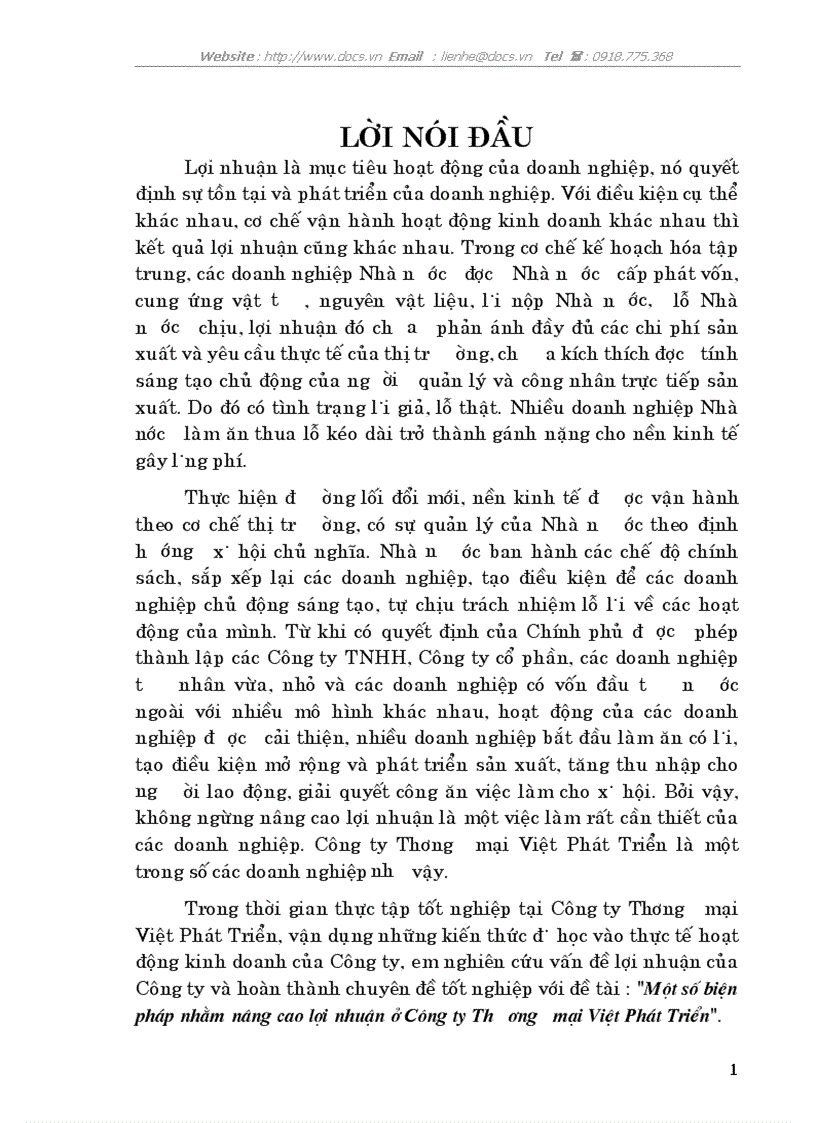 Một số biện pháp nhằm nâng cao lợi nhuận ở Công ty Thương mại Việt Phát Triển