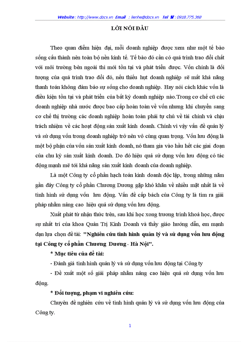 Nghiên cứu tình hình quản lý và sử dụng vốn lưu động tại Công ty cổ phần Chương Dương Hà Nội