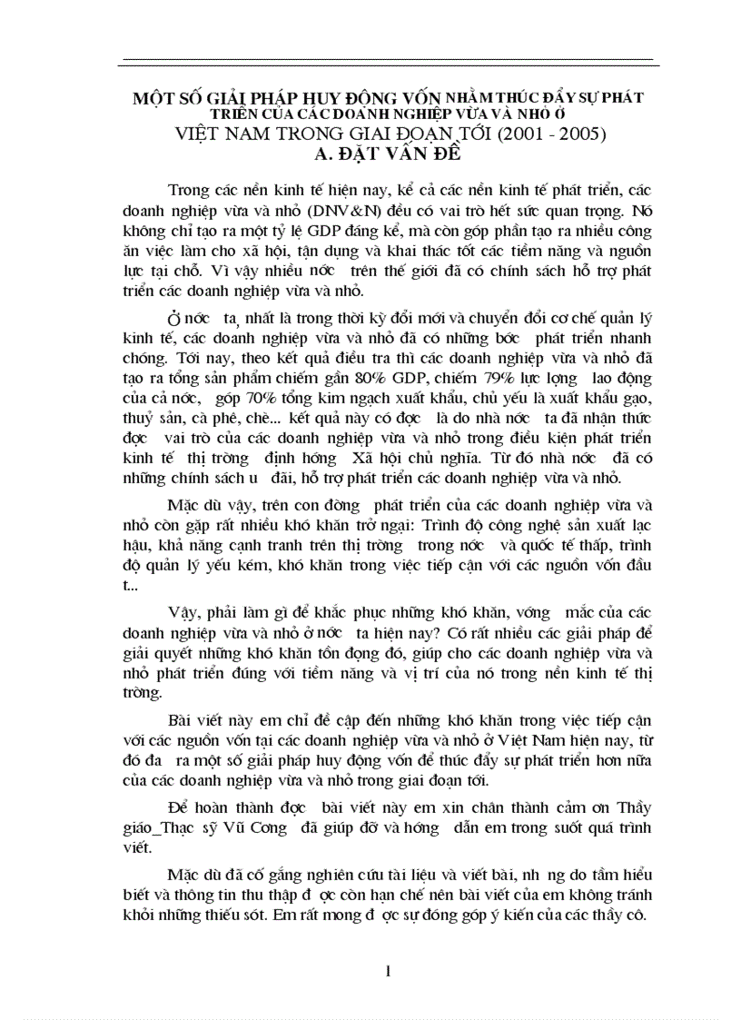 Một số giải pháp huy động vốn nhằm thúc đẩy sự phát triển của các doanh nghiệp vừa và nhỏ ở Việt Nam trong giai đoạn tới 2001 2005