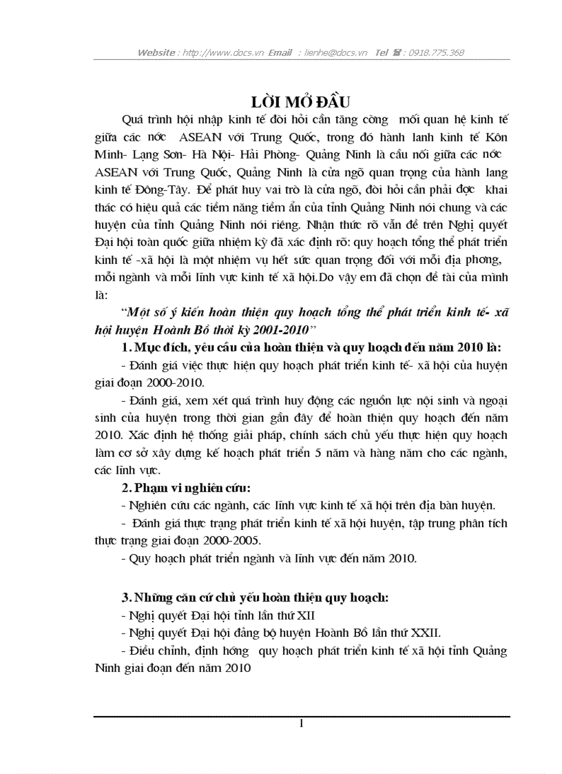 Một số ý kiến hoàn thiện quy hoạch tổng thể phát triển kinh tế xã hội huyện Hoành Bồ thời kỳ 2001 2010