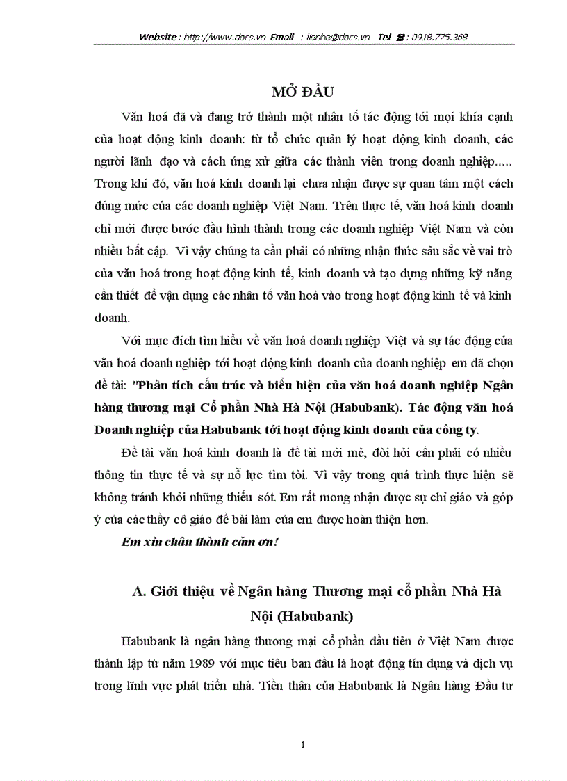 Phân tích cấu trúc và biểu hiện của văn hoá doanh nghiệp Ngân hàng thương mại Cổ phần Nhà Hà Nội Habubank