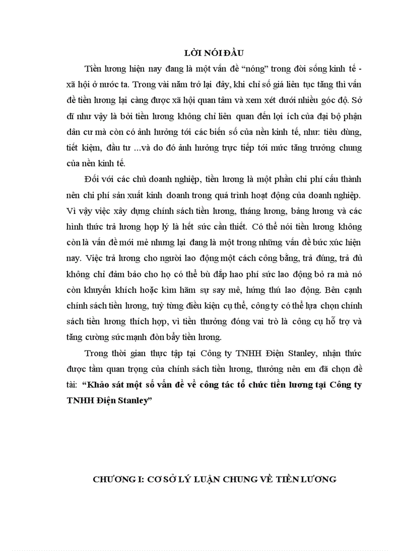 Khảo sát một số vấn đề về công tác tổ chức tiền lương tại Công ty TNHH Điện Stanley