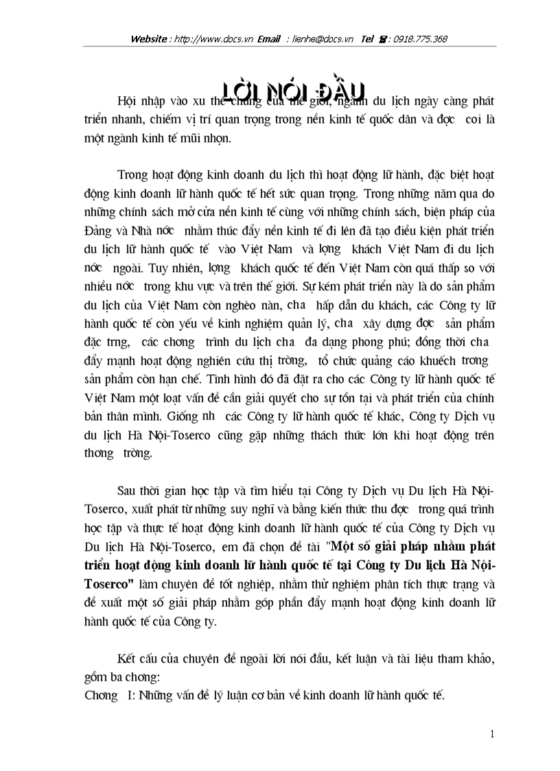 Một số giải pháp nhằm phát triển hoạt động kinh doanh lữ hành quốc tế tại Công ty Du lịch Hà Nội Toserco