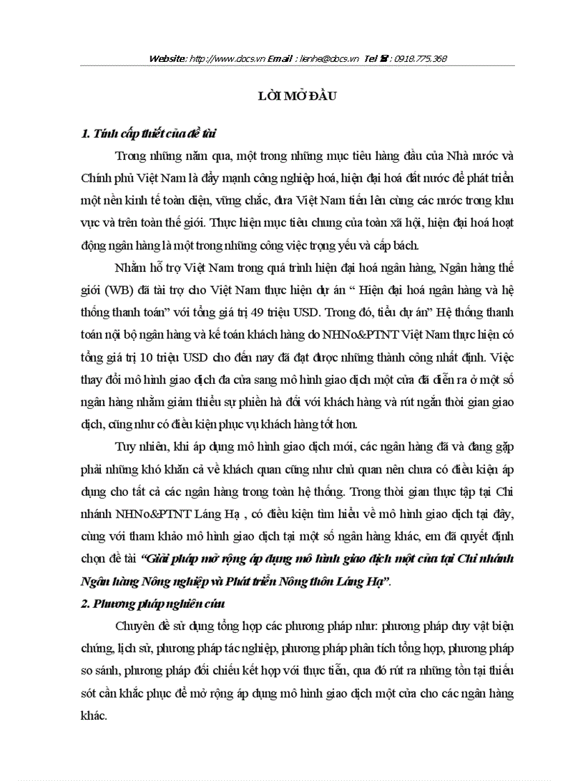 Giải pháp mở rộng áp dụng mô hình giao dịch một cửa tại Chi nhánh Ngân hàng Nông nghiệp và Phát triển Nông thôn Láng Hạ