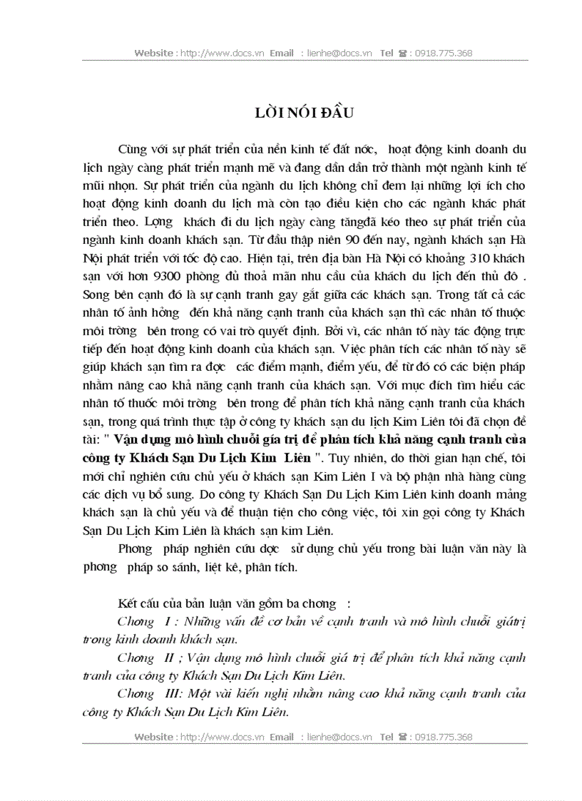 Vận dụng mô hình chuỗi gía trị để phân tích khả năng cạnh tranh của công ty Khách Sạn Du Lịch Kim Liên