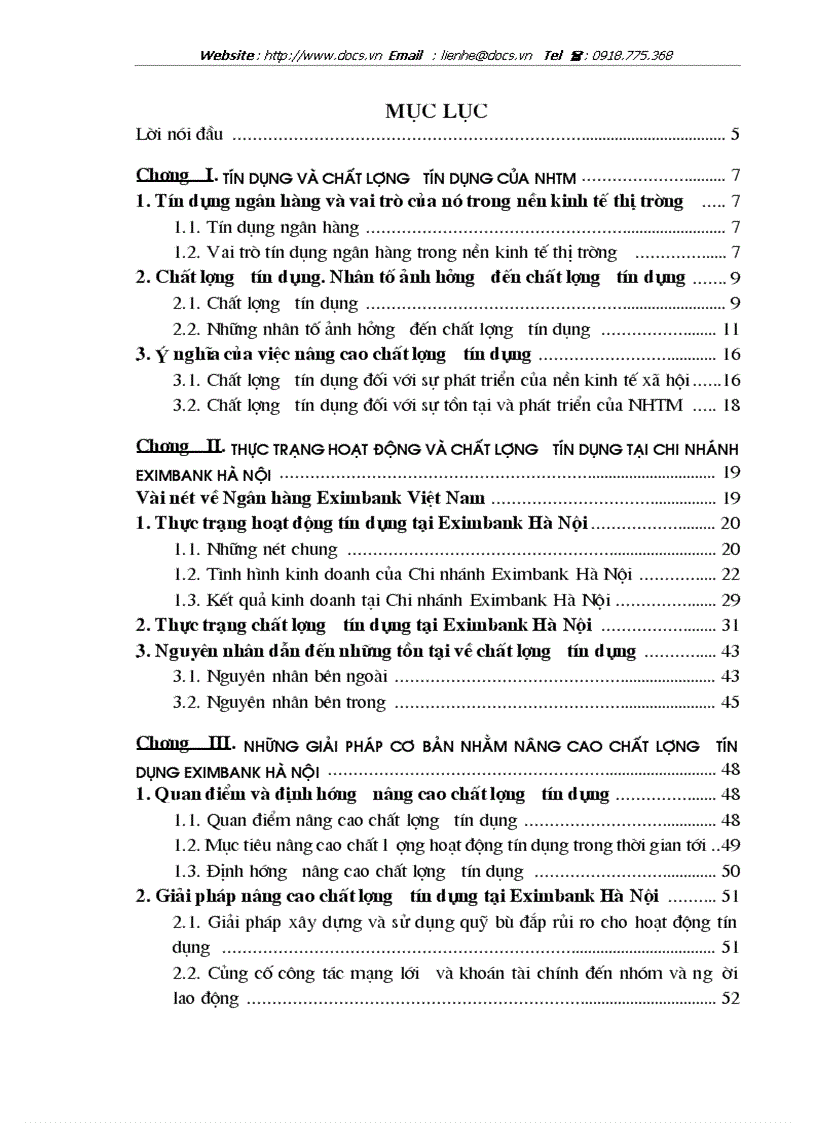 Chất lượng tín dụng ngân hàng hiện trạng và giải pháp nâng cao chất lượng tín dụng tại NHTMCP Eximbank Hà Nội