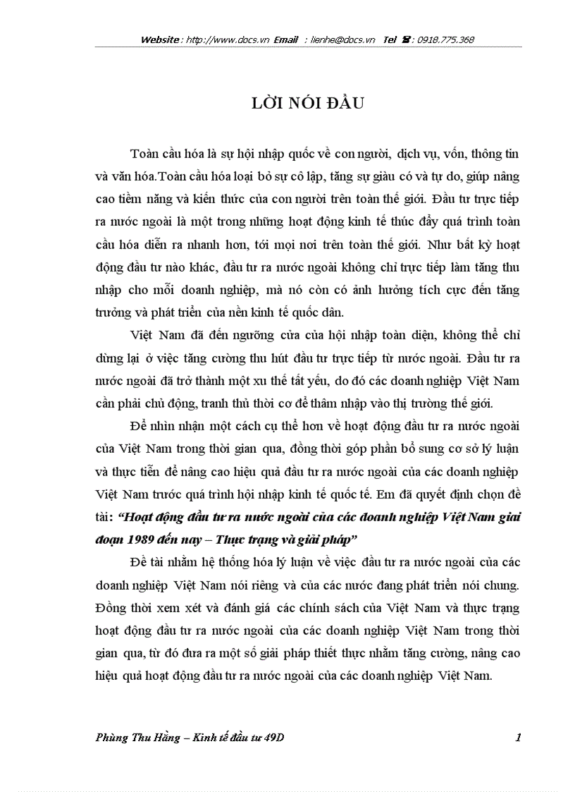Hoạt động đầu tư ra nước ngoài của các doanh nghiệp Việt Nam giai đoạn 1989 đến nay Thực trạng và giải pháp