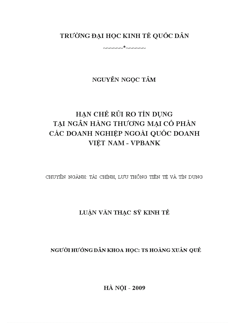 Hạn chế rủi ro tín dụng tại ngân hàng thương mại cổ phần các doanh nghiệp ngoài quốc doanh việt nam vpbank