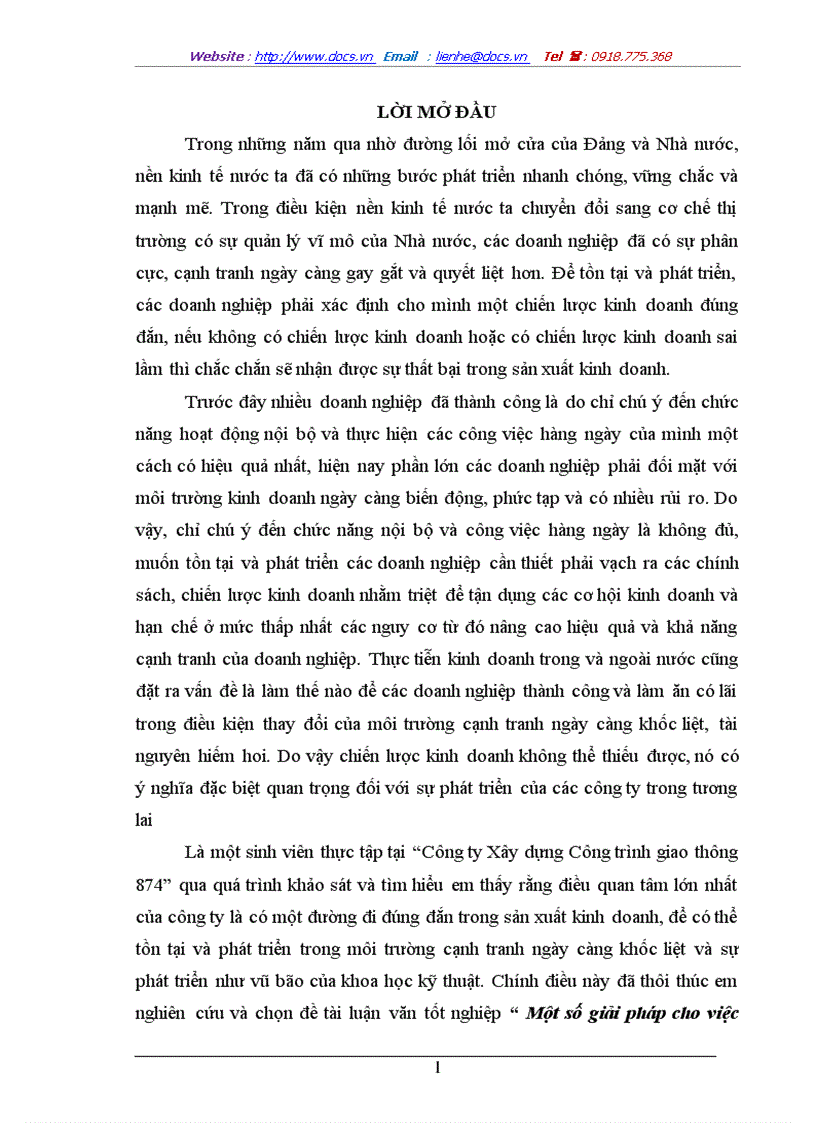 Một số giải pháp cho việc hoạch định chiến lược kinh doanh ở Công ty Xây dựng Công Trình Giao Thông 874
