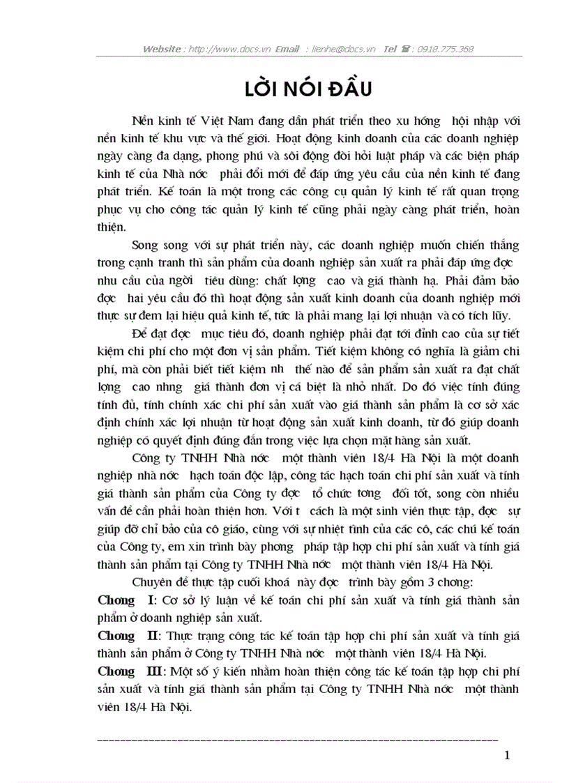 Phương pháp tập hợp chi phí sản xuất và tính giá thành sản phẩm tại Công ty TNHH nhà nước 1 thành viên 18 4 Hà Nội