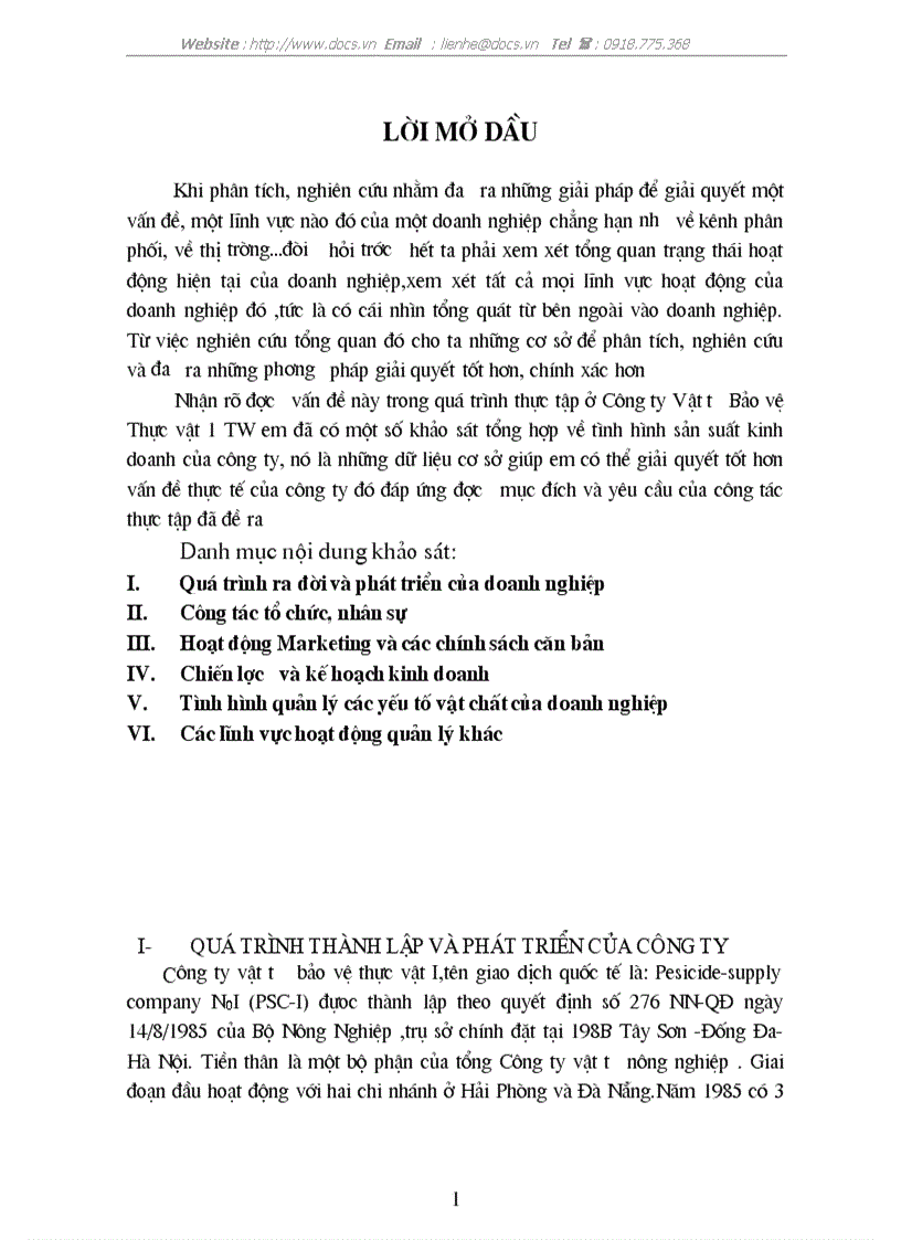 Khảo sát tổng hợp về tình hình sản suất kinh doanh của công ty Vật tư Bảo vệ Thực vật 1 TW