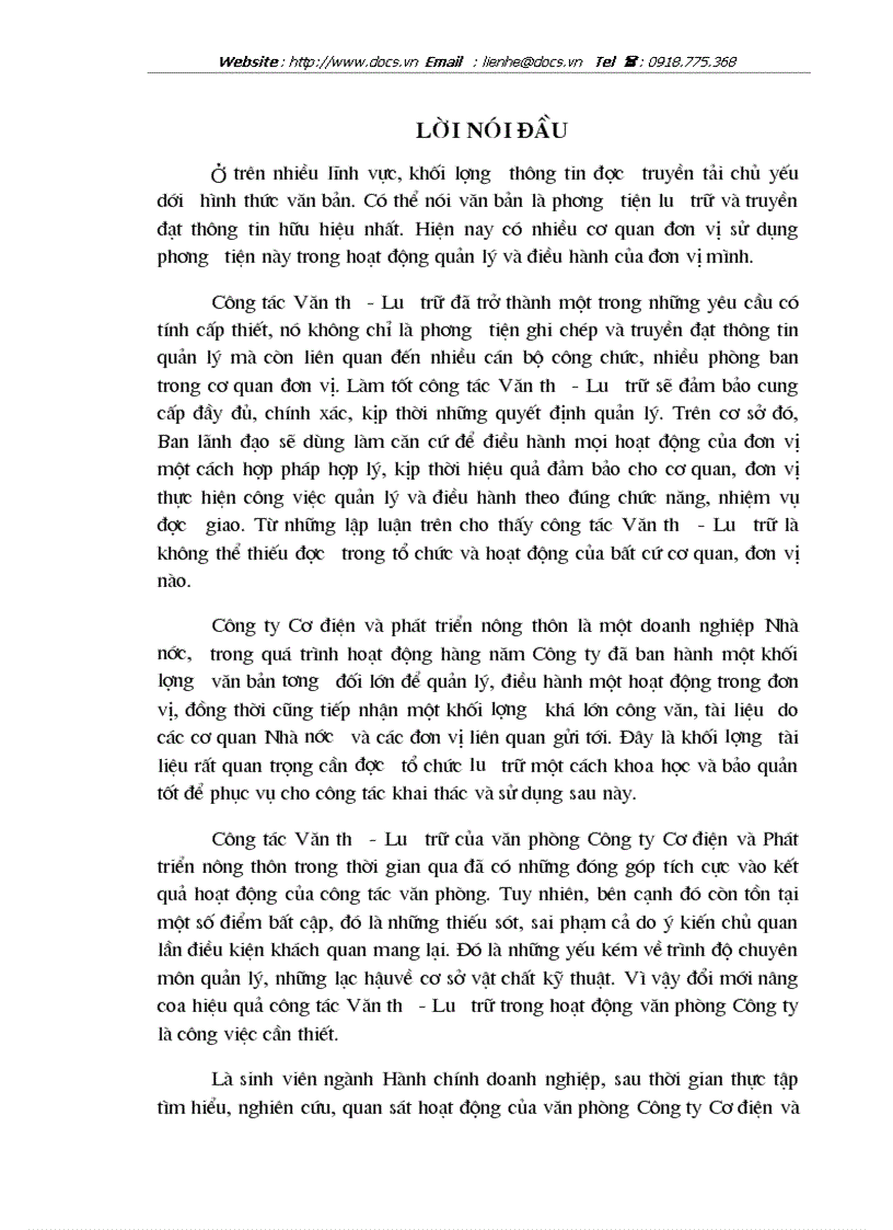 1số biện pháp nâng cao hiệu quả Công tác Văn thư Lưu trữ ở Công ty Cơ điện và phát triển nông thôn