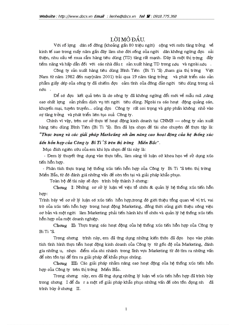 Thực trạng và các giải pháp Marketing nhằm nâng cao hoạt động của hệ thống xúc tiến hỗn hợp của Công ty Biti s trên thị trường Miền Bắc