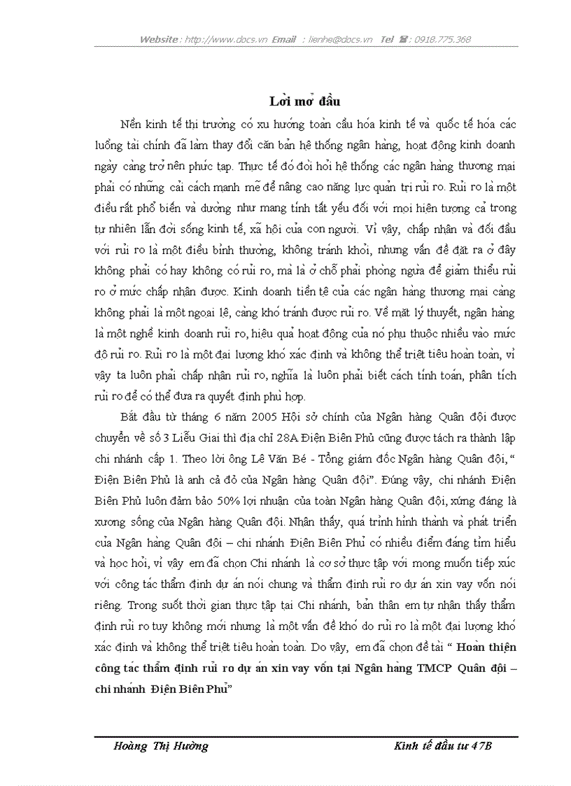 Hoa n thiê n công ta c thâ m đi nh ru i ro dư a n xin vay vô n ta i Ngân ha ng TMCP Quân đô i chi nha nh Điê n Biên Phu