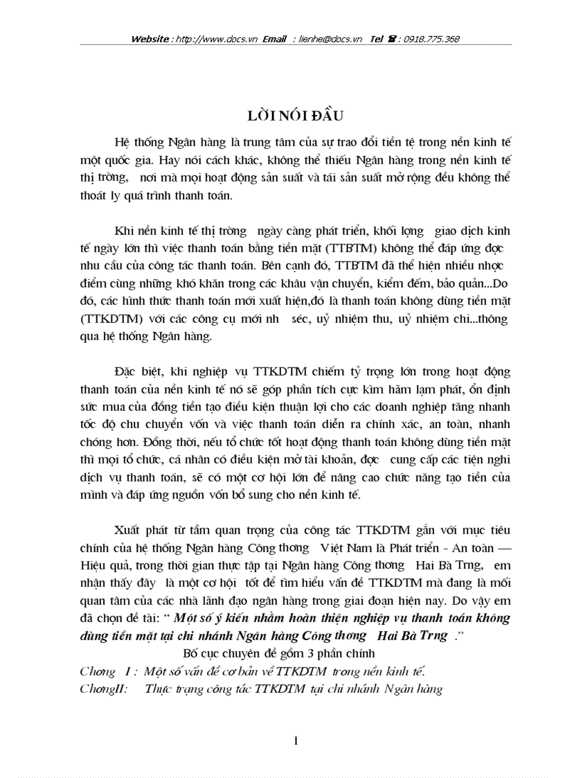Một số ý kiến nhằm hoàn thiện nghiệp vụ thanh toán không dùng tiền mặt tại chi nhánh Ngân hàng Công thương Hai Bà Trưng