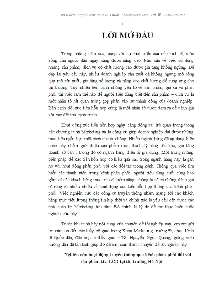 Nghiên cứu hoạt động truyền thông qua kênh phân phối đối với sản phẩm tivi LCD tại thị trường Hà Nội