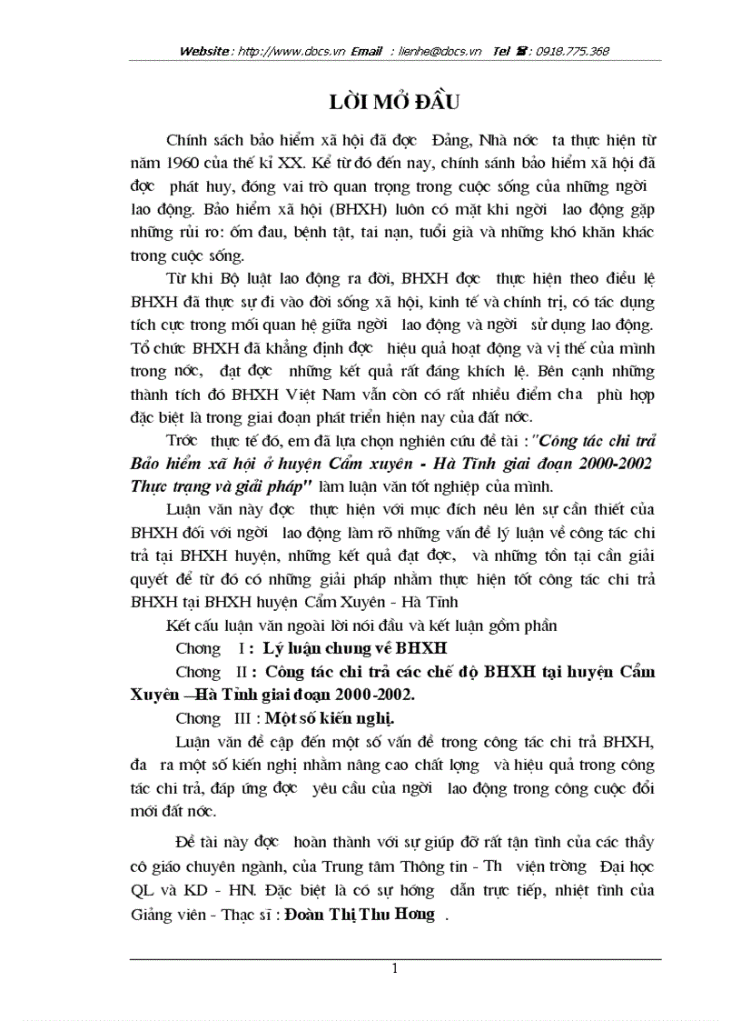 Công tác chi trả Bảo hiểm xã hội ở huyện Cẩm xuyên Hà Tĩnh giai đoạn 2000 2002 Thực trạng và giải pháp