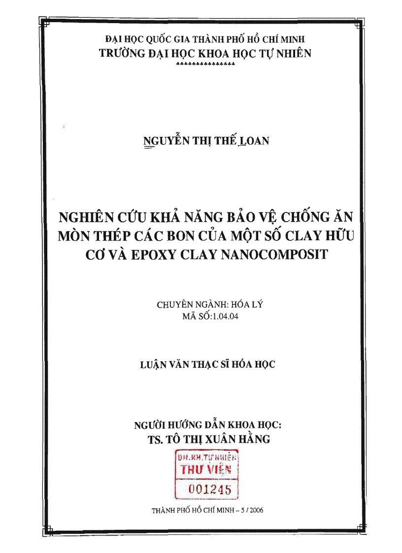 Nghiên cứu khả năng bảo vệ chống ăn mòn thép các bon của một số clay hữu cơ và epoxy clay nanocomposit