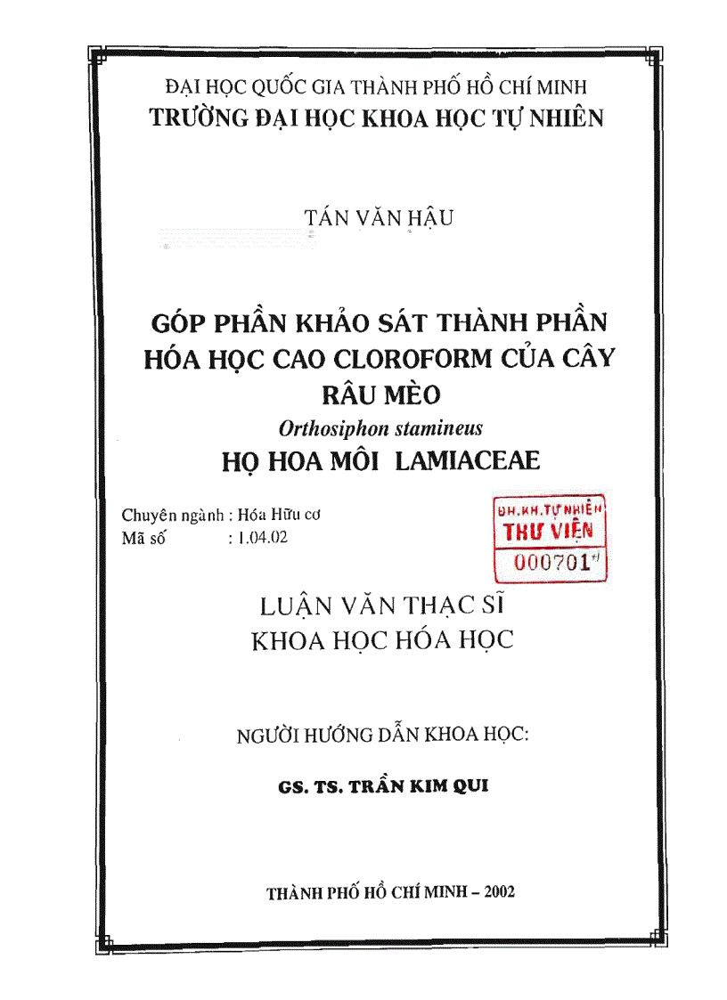 Góp phần khảo sát thành phần hóa học cao cloroform của cây râu mèo Orthosiphon stamineus họ hoa môi lamiaceae