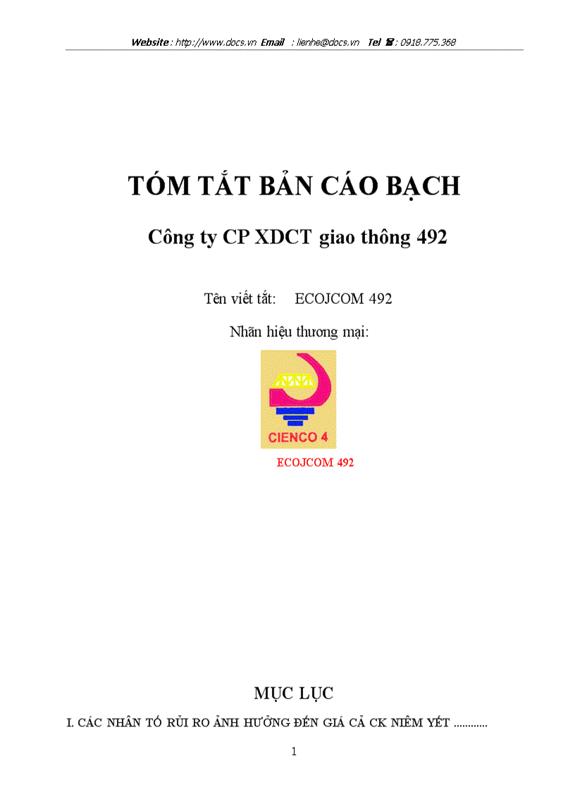 Tóm tắt bản cáo bạch C ty CP Xây dựng công trình giao thông 492